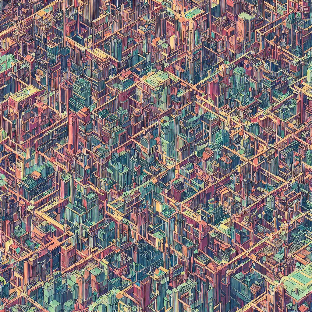 Image similar to isometric view illustration of a cyberpunk city, highly detailed mid day by Victo Ngai