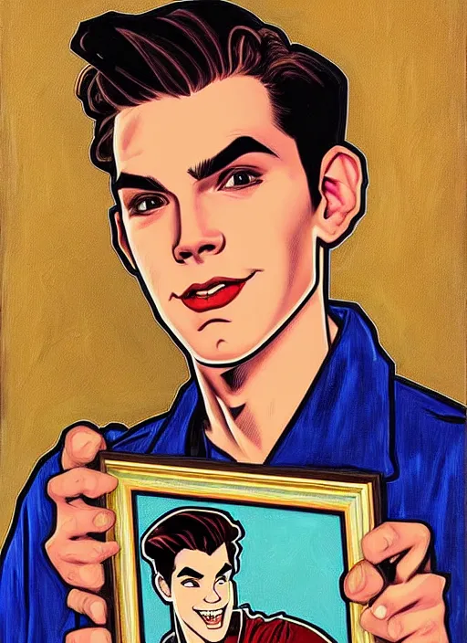 Prompt: oil portrait of archie andrews holding a picture of jughead jones, intricate, elegant, highly detailed, lighting, painting, artstation, smooth, illustration, art by greg rutowski and alphonse mucha