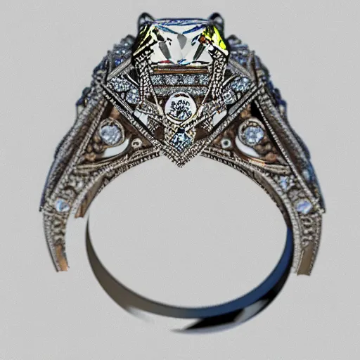 Image similar to photo of engagement ring with two diamonds outside and one in the middle, realistic, hyper detailed, concept art, victorian, multiple angles