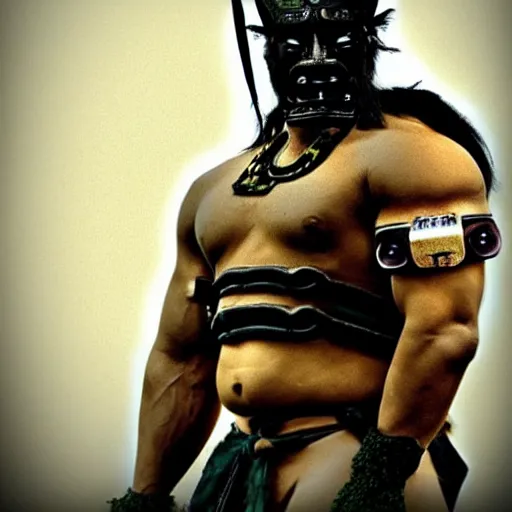 Image similar to fierce big muscular samurai wearing a cybernetic oni mask, amazing accurate movie still