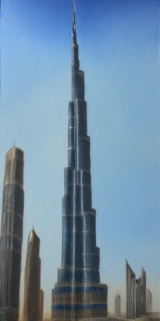 Prompt: The Burj Khalifa, Dubai, oil painting in the style of Bob Ross, high detail