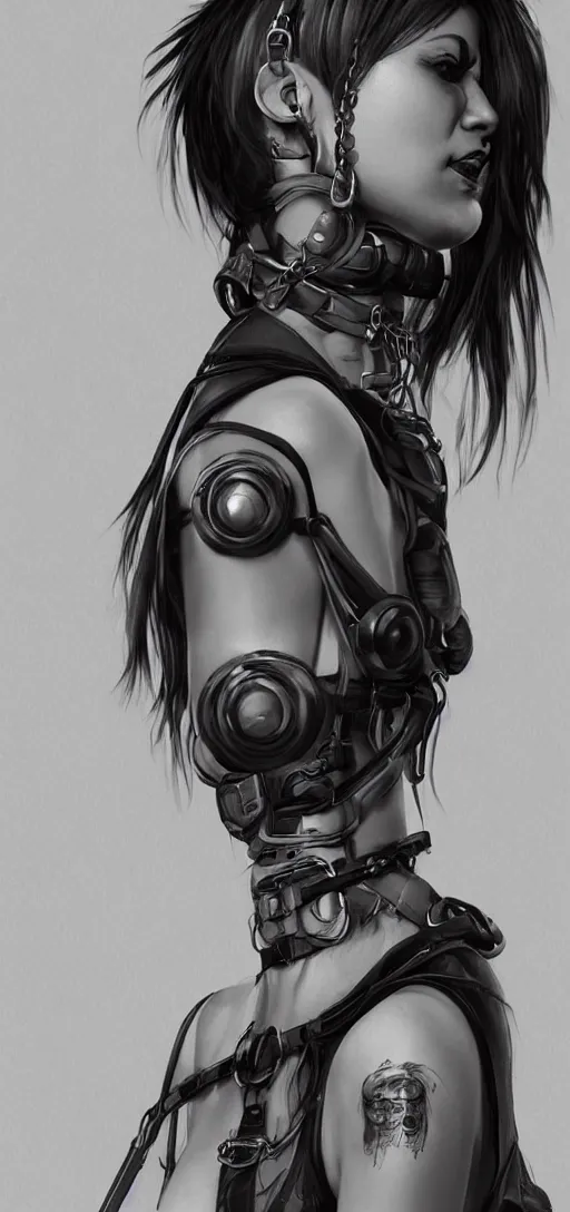 Image similar to detailed realistic female character cyberpunk wearing thick technological collar around neck, realistic, art, beautiful, 4K, collar, choker, collar around neck, punk, artstation, detailed, female, woman, choker, cyberpunk, punk, collar, choker, collar around neck,