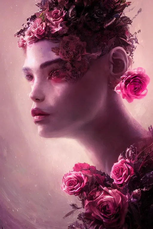 Prompt: cyborg floral highly detailed digital art SURREALIST, pink rose divine woman divine space explorer , nekro art WLOOP ROSDRAWS Tom Bagshaw, Craig Mullins, cinematic lighting, symmetrical face, beautiful woman moody lighting, volumetric, ultra-realistic, cinematic atmosphere, Epic, photorealism presented in artstation hyperrealism, award winning artwork, artstation trend, high quality print, fine art with subtle redshift rendering