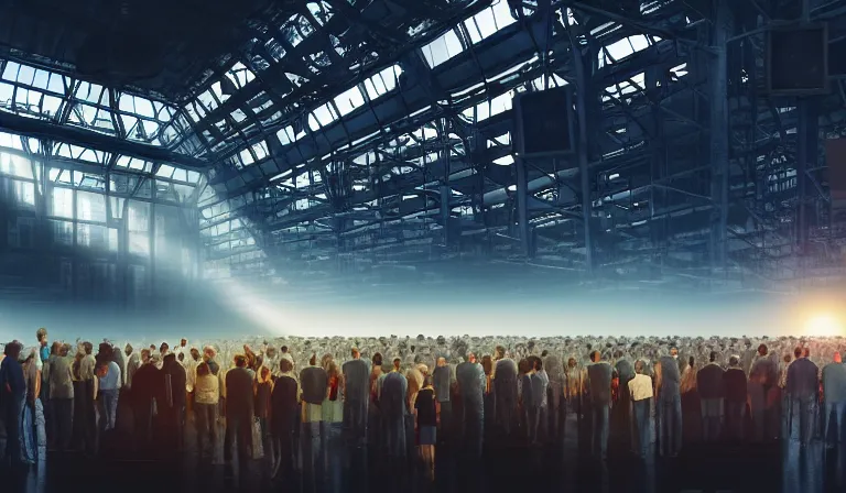 Image similar to large group of people in simple warehouse, looking at hologram of futuristic city on a table, cinematic concept art, godrays, golden hour, natural sunlight, 4 k, clear details, tabletop model buildings, center model buildings, hologram center, crane shot, crane shot, crane shot