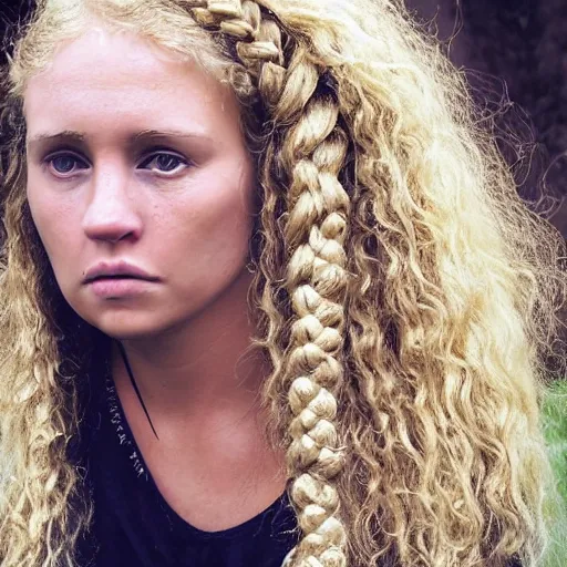 Prompt: Blonde, curly hair double braided to reveal a lean, worried face. Beady pink eyes, set charmingly within their sockets, watch longingly over the families they've worshipped for so long. A scar stretching from just under the left eyebrow , running towards her right nostril and ending on her right cheek and leaves an intriguing memory of lost honor. The is the face of Iyohara Dawnthorn, a true master among wood elves. She stands small among others, despite her scraggy frame. by artgerm