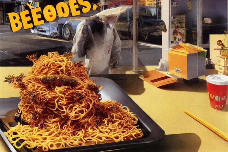 Prompt: mcdonald's fried bees in a yakisoba, in 1 9 9 5, y 2 k cybercore, advertisement photo. artwork by craig mullins