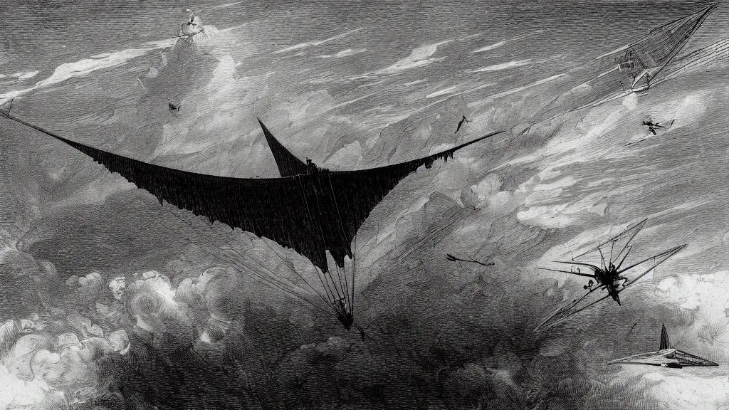 Image similar to drawing of an ornithopter flying toward a desert storm, by gustave dore, nineteenth century, black and white, vintage, science fiction, epic composition, dramatic lighting, highly detailed, cinematic