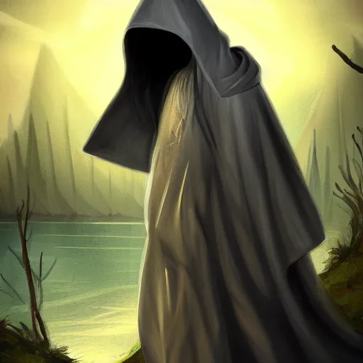 Prompt: a hooded figure standing, celestia, eden, river, fantasy artwork, award winning, very very very very very very very beautiful scenery, artstation