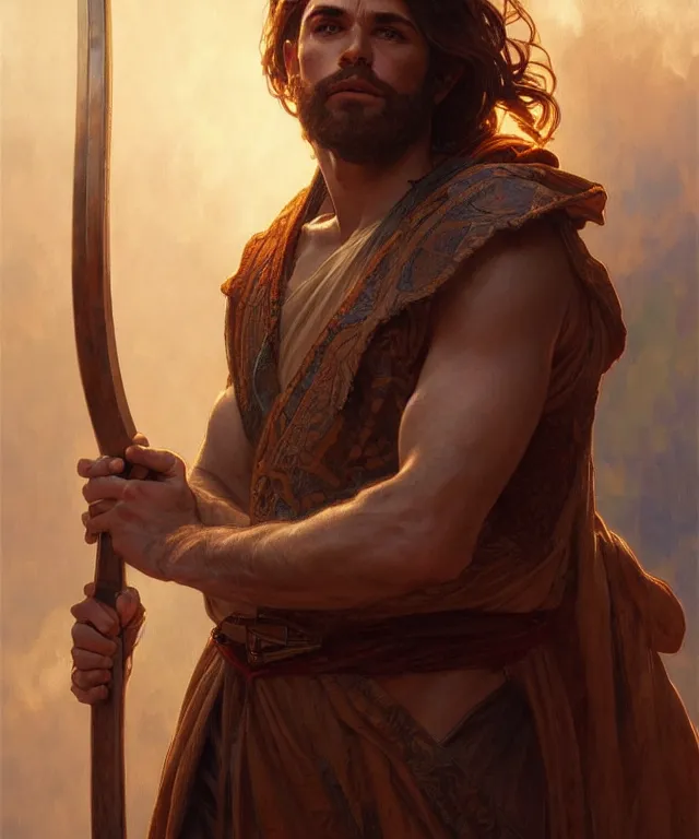 Image similar to portrait of biblical cain holding a spear, intricate, headshot, highly detailed, digital painting, artstation, concept art, sharp focus, cinematic lighting, illustration, art by artgerm and greg rutkowski, alphonse mucha, cgsociety