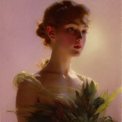 Prompt: a serene fashion model studio backlit portrait of sombre anime girl, painting by gaston bussiere, craig mullins, j. c. leyendecker