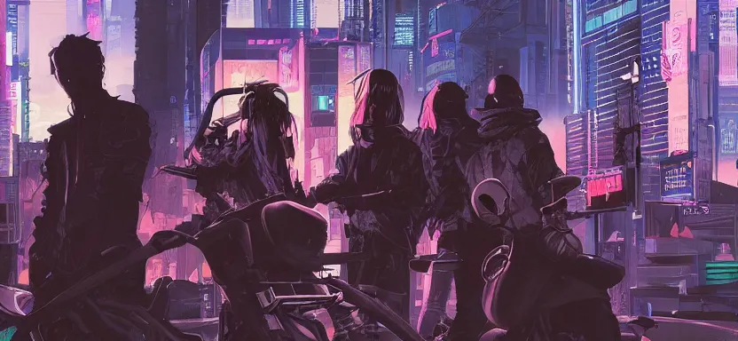 Image similar to cyberpunk gangs battle in the streets with improvised weapons, digital painting masterpiece, by ilya kuvshinov, by frank frazetta, by mœbius, by reiq, by hayao miyazaki, intricate detail, beautiful brush strokes, advanced lighting technology, 4 k wallpaper, interesting character design, stylized yet realistic anatomy and faces, inspired by kill bill animated scene