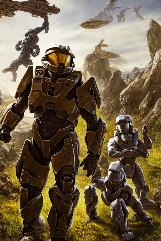 Image similar to easter egg hunt with master chief from halo and kids, picking up easter eggs, egg in hand, oil on canvas, intricate, portrait, 8 k highly professionally detailed, hdr, cgsociety