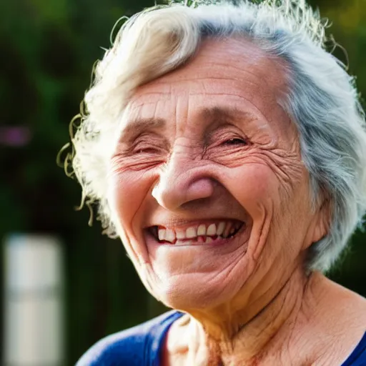 Image similar to an old woman smiling. she has a thin transparent oxygen tubing under her nose