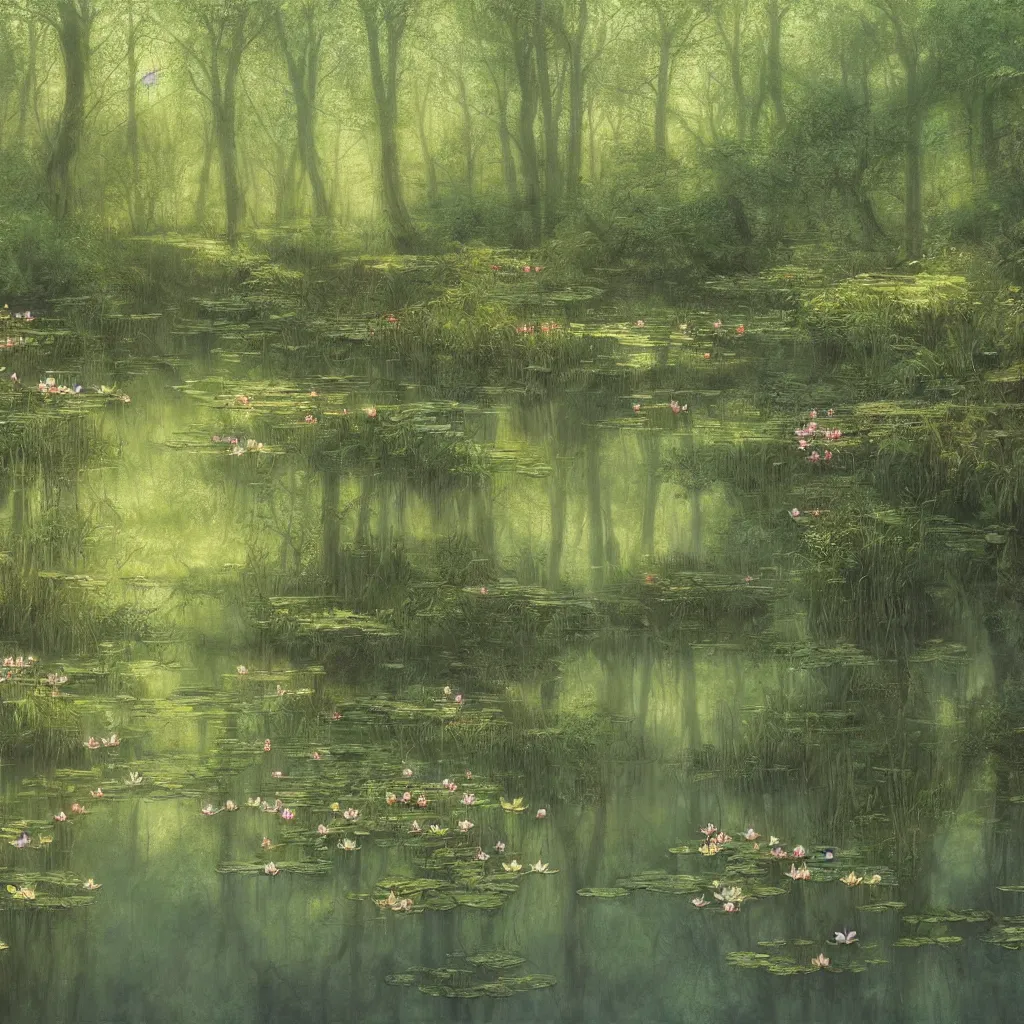 Prompt: a mirror like pond, by alan lee, springtime flowers and foliage in full bloom, lotus flowers on the water, dark foggy forest background, sunlight filtering through the trees, digital art, art station