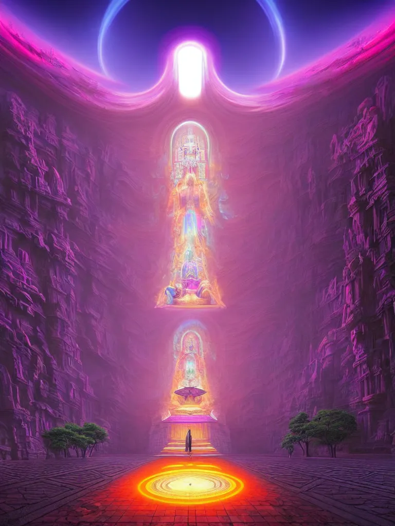 Image similar to entrance to ethereal realm, buda enlightenment, rendered in unreal engine, central composition, symmetrical composition, dreamy colorful cyberpunk colors, 6 point perspective, fantasy landscape with anthropomorphic!!! terrain!!! in the styles of igor morski, jim warren and rob gonsalves, intricate, hyperrealistic, volumetric lighting, neon ambiance, distinct horizon