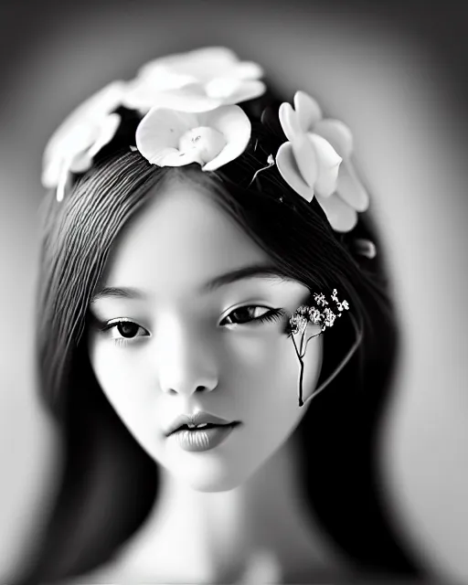 Image similar to black and white dreamy young beautiful female artificial intelligence, realistic flowers ornament in the face, long hair are intricate with highly detailed realistic flowers, cinematic, rim light, bokeh, photo - realistic, elegant, high detail, 8 k, masterpiece, photo taken in 1 9 3 0