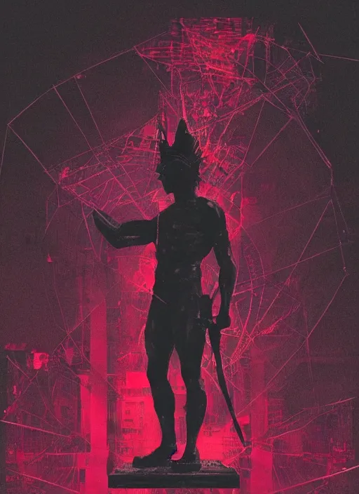 Image similar to dark design poster showing a statue of achilles, black background with very subtle red and purple design elements, powerful, nekro, vito acconci, thin straight lines, dark, glitch art, neo vaporwave, gritty, layout frame, square, extremly detailed, trending on artstation