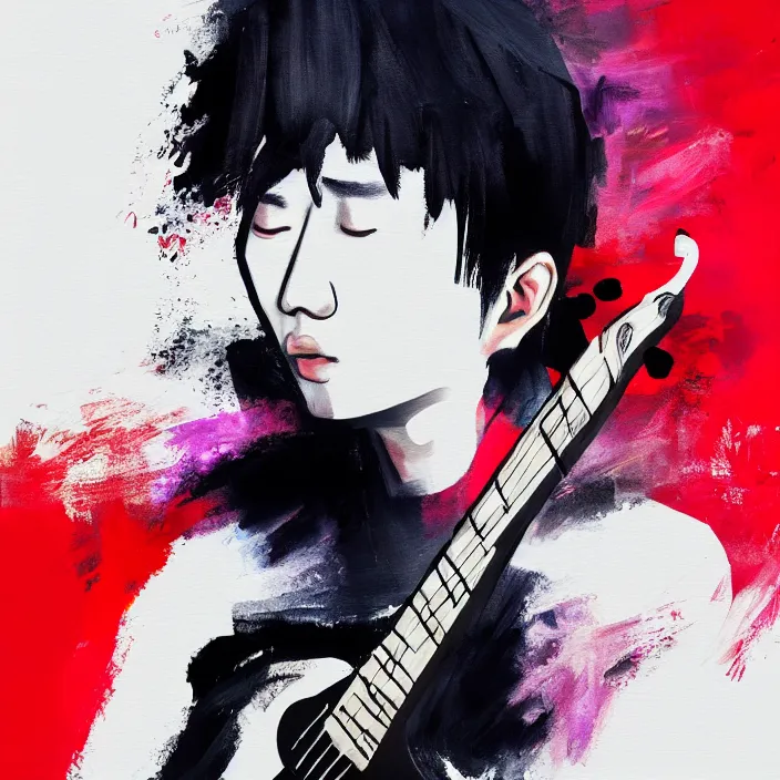 Image similar to minimal dramatic painting of a young korean man wearing black t shirt holding an electric guitar!!, dark background, huge dramatic brush strokes, matte colors, abstract, trending on artstation