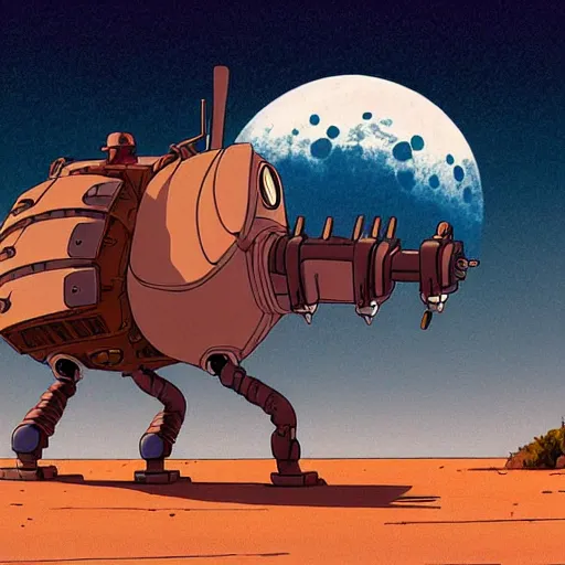 Image similar to a study of cell shaded cartoon of a mechanized jackal from howl's moving castle ( 2 0 0 4 ) on a desert road, in front of a big moon, full body, wide shot, very muted colors, post grunge, studio ghibli, laurie greasley, highly detailed, deviantart, art by artgem