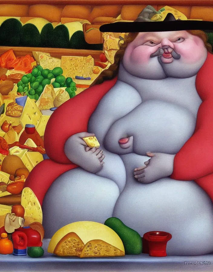 Prompt: obese looking into camera, by fernando botero, cheese, oliven oil, grease, food, intricate details, happy