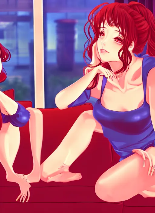 Prompt: two beautiful housewives in the living room on a hot summer evening, gorgeous faces, thick lines, cinematic lighting, detailed anime art