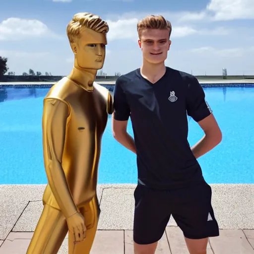 Image similar to a realistic detailed photo of a guy who is an attractive humanoid who is half robot and half humanoid, who is a male android, soccer players martin ødegaard & timo werner, shiny skin, posing like a statue, blank stare, by the pool, on display, showing off his muscles, gold soccer shorts, no jersey, statue, many copies of them