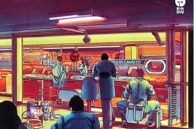 Prompt: 1 9 7 9 science fiction magazine cover depicting a fast food window downtown in neo - tokyo. in the style of bladerunner concept art by syd mead