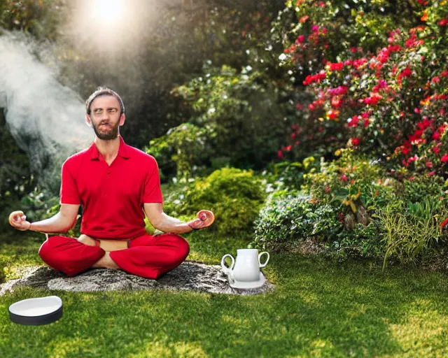 Prompt: mr robert is drinking fresh tea, smoke pot and meditate in a garden from spiral mug, detailed smiled face, muscular hands, golden hour closeup photo, red elegant shirt, eyes wide open, ymmm and that smell