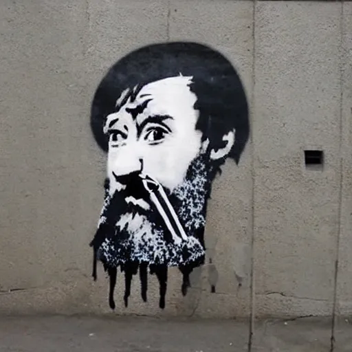 Image similar to banksy bearded graffiti, real life, sharp focus