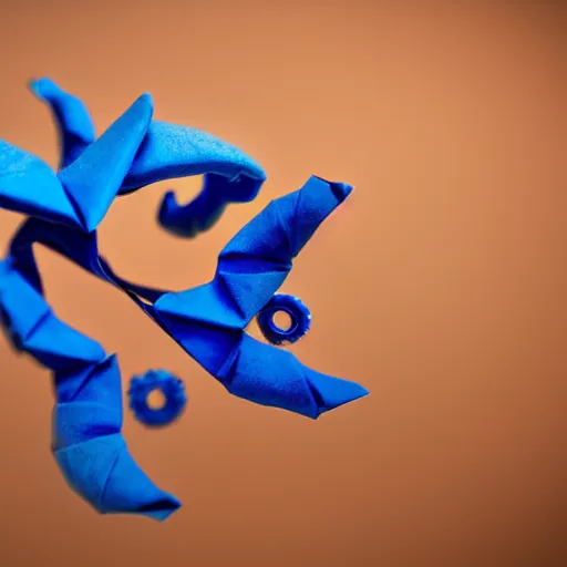 Prompt: a blue origami octopus, macro photography, ambient light