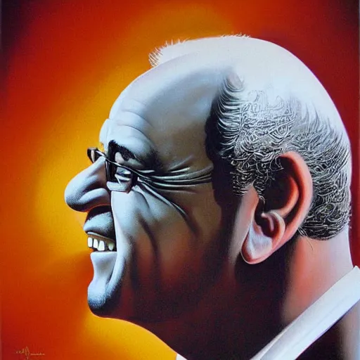 Image similar to portrait of the face of danny devito smiling sly intricate detailed by boris vallejo