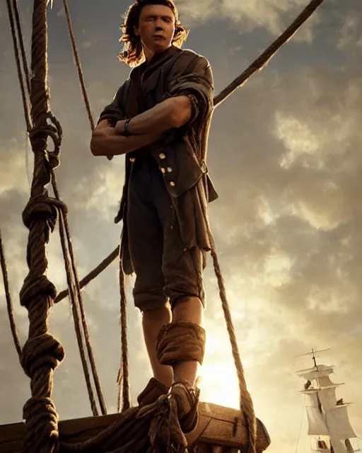 Prompt: tom holland as a pirate, standing on the mast, realistic shaded lighting poster by greg rutkowski, cinematic lighting, sharp focus, highly detailed attributes and atmosphere