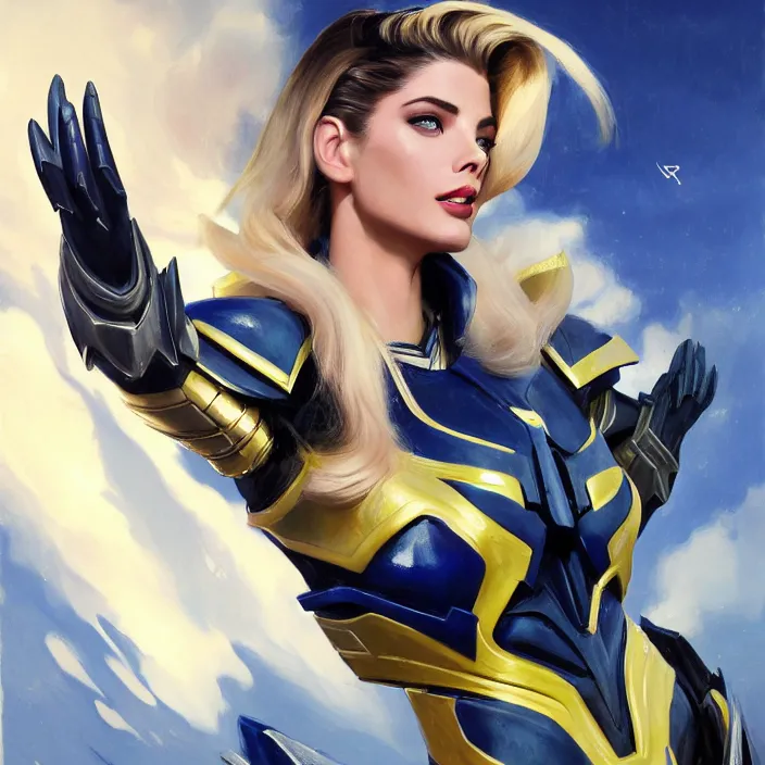 Image similar to A combination of Adriana Dxim's and Grace Kelly's and Ashley Greene's appearances with blonde hair wearing Interceptor's armor from Anthem, countryside, calm, fantasy character portrait, dynamic pose, above view, sunny day, thunder clouds in the sky, artwork by Jeremy Lipkin and Giuseppe Dangelico Pino and Michael Garmash and Rob Rey and Greg Manchess and Huang Guangjian, very coherent asymmetrical artwork, sharp edges, perfect face, simple form, 100mm