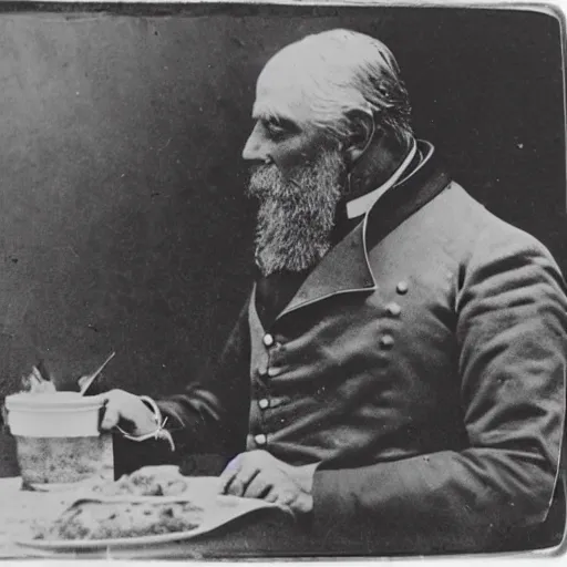 Image similar to a 1 8 5 8 photo of general pitzer, a union general, eating a large burrito with cheese and salsa