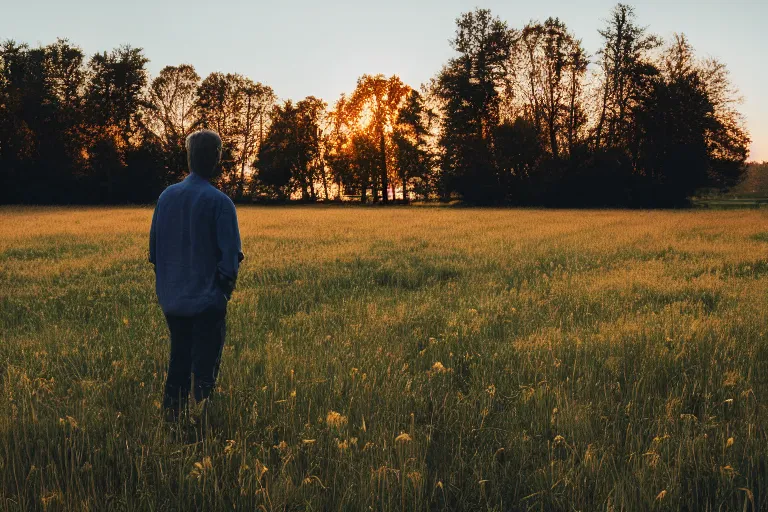 Prompt: Man stands on a meadow, 8k Photography, Golden hour