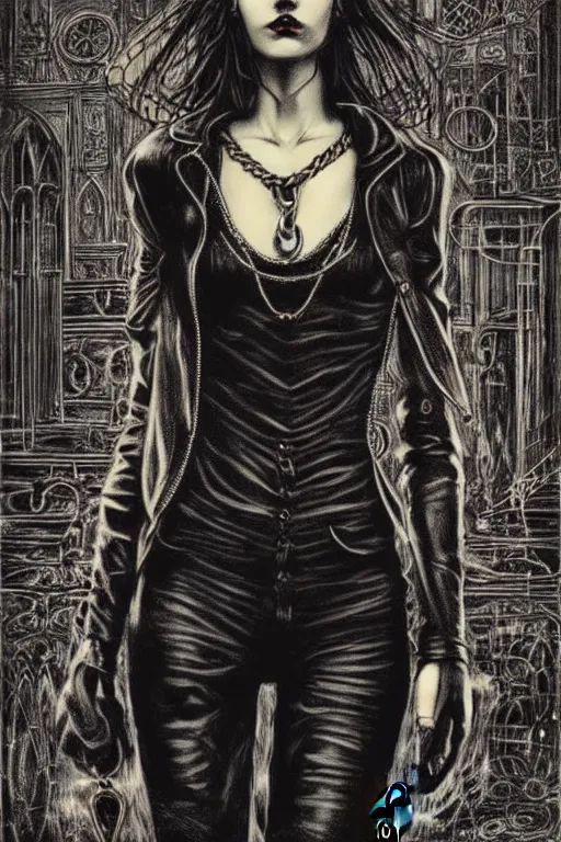 Prompt: dreamy gothic girl, black leather slim clothes, chains, factory tools, dark details, detailed acrylic, grunge, intricate complexity, by dan mumford and by alberto giacometti, peter lindbergh