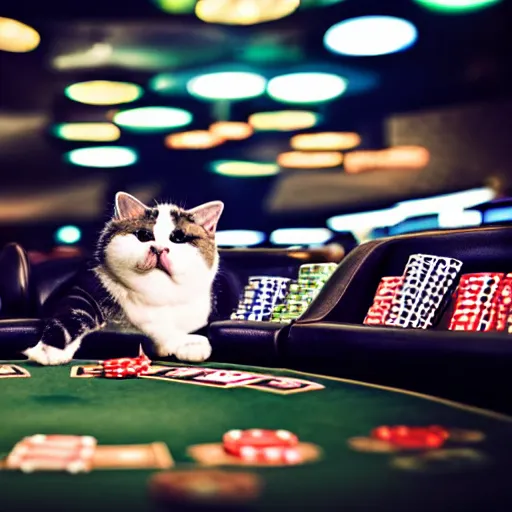 Image similar to fat mobster cat gambling at a poker table single light overhead smokey photo