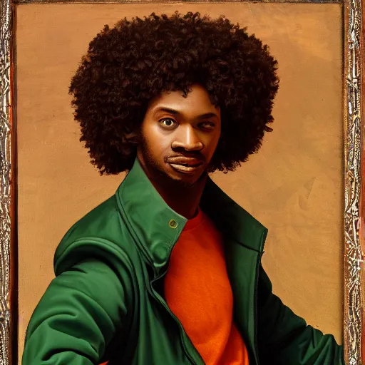 Image similar to photograph of a black man with afro hair wearing an army green adidas jacket, riding!! an orange colored detailed anatomically correct bull!!, renaissance style painting