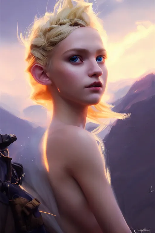 Image similar to cinematic shot of an epic portrait of a cute blonde fairy dressed in military clothes, stylised military clothes, shiny skin, beautiful eyes, beautiful, small details, night setting, realistic poster with volumetric light from craig mallism, artgerm, jeremy lipkin and michael garmash, unreal engine, radiant light, digital art, trends at art station, a masterpiece