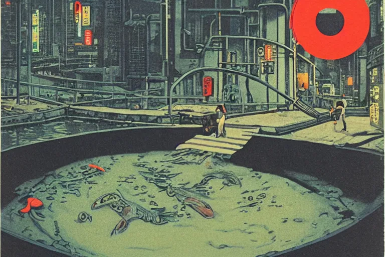 Prompt: 1 9 7 9 omni cover of a sewer pipe near spewing fish and trash into a moat in tokyo. entire background is a wall. art in cyberpunk style by dali, and vincent di fate