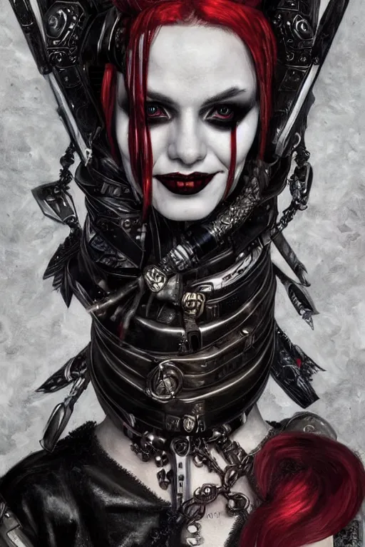 Image similar to portrait of beautiful gothic Harley Quinn, cyberpunk, Warhammer, highly detailed, artstation, illustration, art by Gustav Klimt