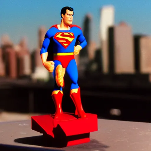 Prompt: professional toy photography. Superman action figure against a city backdrop. Dynamic Macro 1992. Claymation