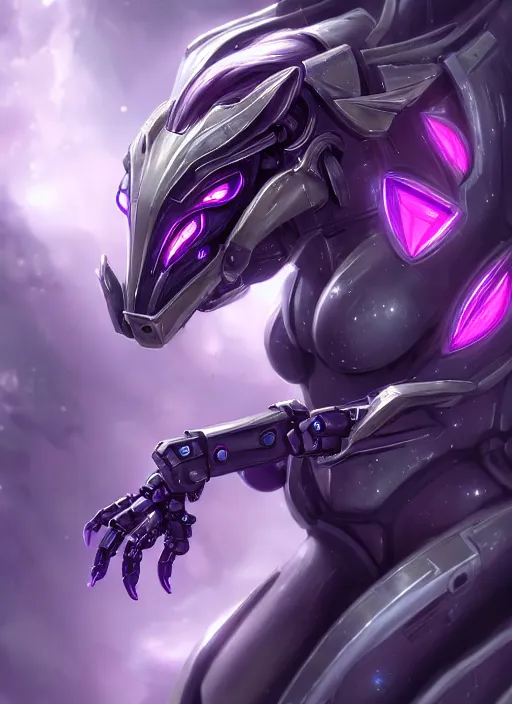 Prompt: cinematic goddess close shot, beautiful stunning anthropomorphic robot mecha female dragon, detailed maw, metal ears, led purple eyes, smooth fuschia skin, smooth silver armor, floating in space, holding a galaxy, epic proportions, epic size, epic detail, furry art, dragon art, giantess art, warframe fanart, furaffinity, octane