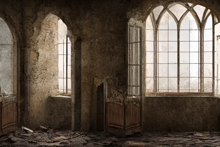 Prompt: an abandoned medieval room in an old stone building, dusty, cobwebs, wooden furniture, a small window with dark gloom coming through, high definition, matte painting, dust particles