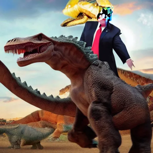 Image similar to donald trump riding a dinosaur and shooting a gun