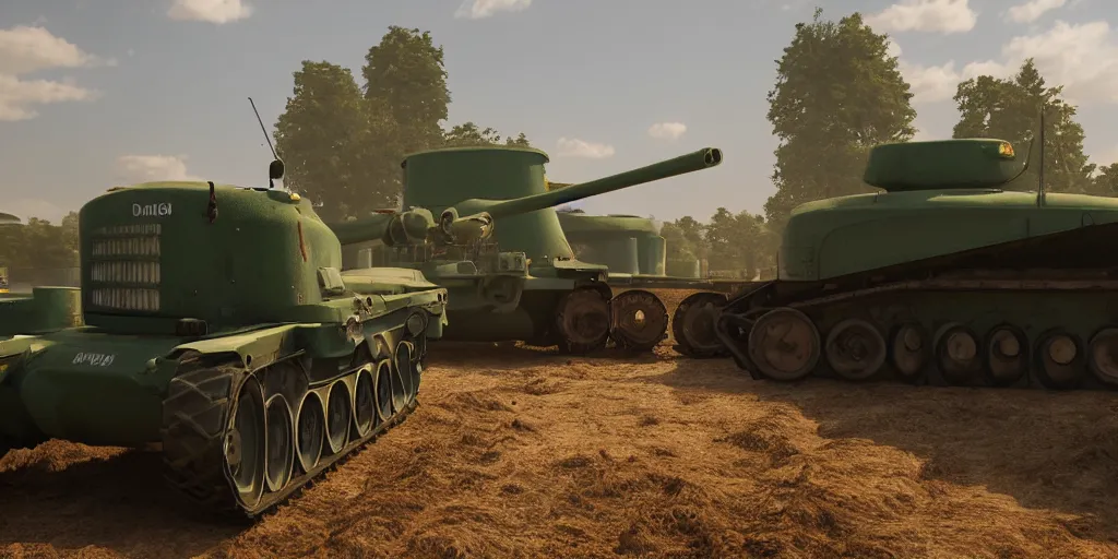 Image similar to tank and tractor standing close to each other, highly detailed, photorealistic portrait, bright studio setting, studio lighting, crisp quality and light reflections, unreal engine 5 quality render