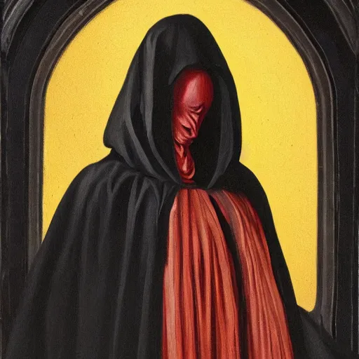 Image similar to A painting of a figure in a black hooded cloak, with a hidden face and a dark aura, in a gothic style.