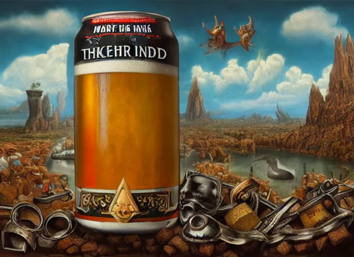 Image similar to thor inside a beer, lowbrow, matte painting, 3 - d highly detailed, in the style of mark ryden,