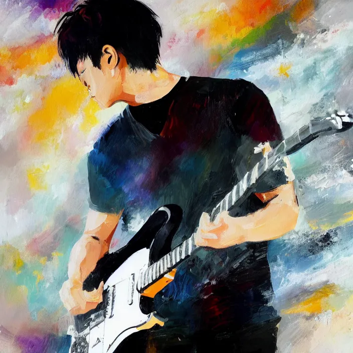 Prompt: large brush abstract! painting candid view of a young korean male musician wearing stylish black v neck t shirt holding a telecaster!!! electric guitar!!, thick flowing dramatic brush strokes, dark matte colors, abstract, impressionist, motion, trending on artstation