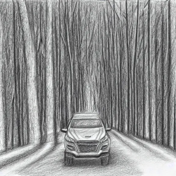 Prompt: a pencil drawing of a car driving through a forest on a gravel road, soft lighting, atmospheric, sunlight. by pen tacular